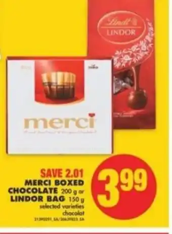 No Frills MERCI BOXED CHOCOLATE 200g or LINDOR BAG 150 g offer