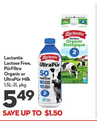 Longo's Lactantia lactose free, pürfiltre organic or ultrapūr milk offer