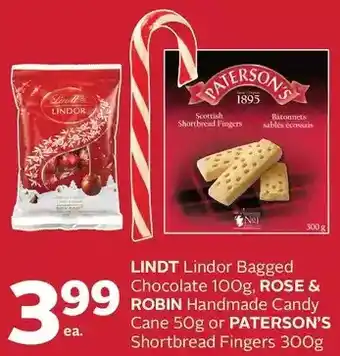 Rexall Lindt lindor bagged chocolate, rose & robin handmade candy cane or paterson's shortbread fingers offer