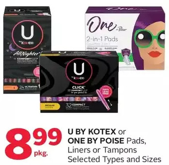 Rexall U by kotex or one by poise pads, liners or tampons offer