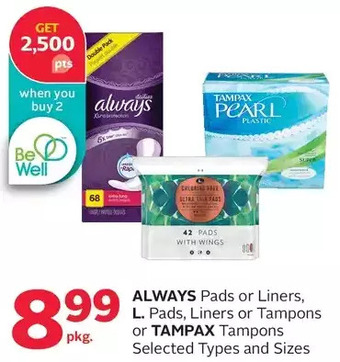 Rexall Always pads or liners, l. pads, liners or tampons or tampax tampons offer