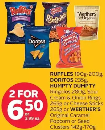 Rexall Ruffles, doritos, humpty dumpty ringolos, sour cream & onion rings or cheese sticks or werther's original caramel popcorn or offer