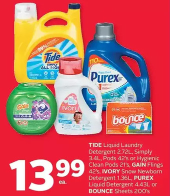 Rexall Tide liquid laundry detergent, simply, pods or hygienic clean pods, gain flings, ivory snow newborn detergent, purex liquid d offer