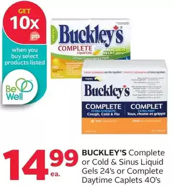 Rexall Buckley's complete or cold & sinus liquid gels or complete daytime caplets offer
