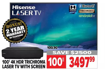 2001 Audio Video Hisense 100" 4k hdr trichroma laser tv with screen offer