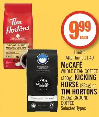 Shoppers Drug Mart Mccafé whole bean coffee, kicking horse or tim hortons ground coffee offer