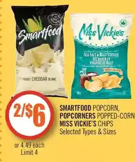 Shoppers Drug Mart Smartfood popcorn, popcorners popped-corn or miss vickie's chips offer