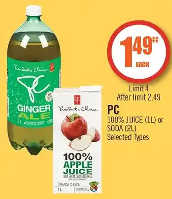 Shoppers Drug Mart Pc 100% juice or soda offer