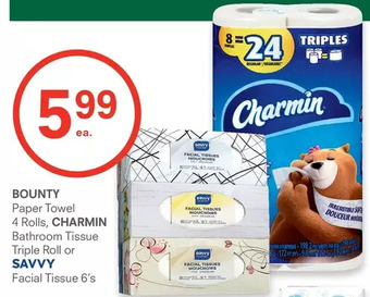 Guardian Pharmacy Bounty paper towel, charmin bathroom tissue triple roll or savvy facial tissue offer