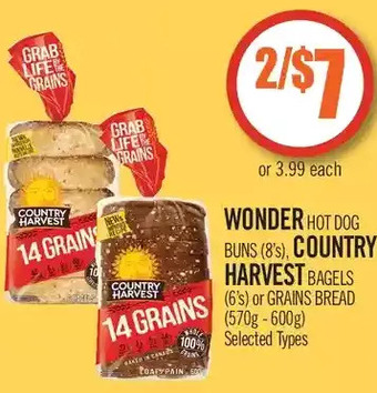 Shoppers Drug Mart Wonder hot dog buns, country harvest bagels or grains bread offer