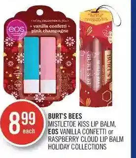 Shoppers Drug Mart Burt's bees mistletoe kiss lip balm, eos vanilla confetti or raspberry cloud lip balm holiday collection offer