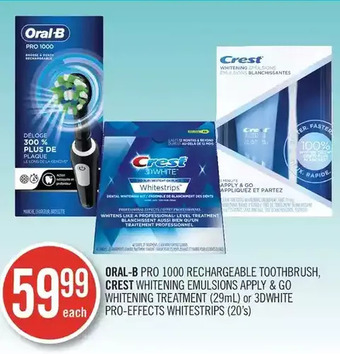 Shoppers Drug Mart Oral-b pro 1000 rechargeable toothbrush, crest whitening emulsions apply & go whitening treatment or 3dwhite pro-effects whit offer