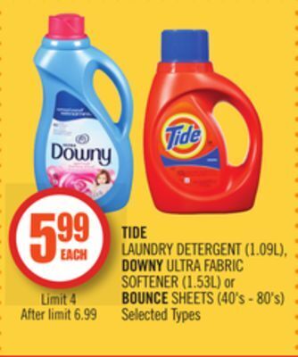 Shoppers Drug Mart Tide laundry detergent (1.09l), downy ultra fabric softener (1.53l) or bounce sheets (40's - 80's) offer