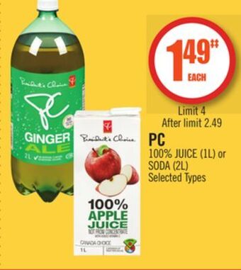 Shoppers Drug Mart Pc 100% juice (1l) or soda (2l) offer