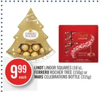 Shoppers Drug Mart Lindt lindor squares (16's), ferrero rocher tree (150g) or mars celebrations bottle (315g) offer