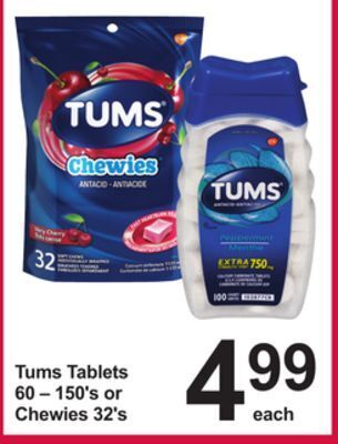Pharmasave Tums tablets 60 – 150's or chewies 32's offer