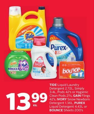 Rexall Tide liquid laundry detergent 2.72l, simply 3.4l, pods 42's or hygienic clean pods 21's, gain flings 42's, ivory snow newborn offer