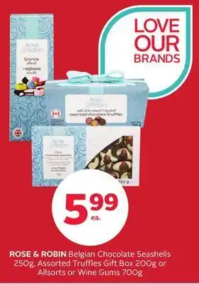 Rexall Rose & robin belgian chocolate seashells 250g, assorted truffles gift box 200g or allsorts or wine gums 700g offer