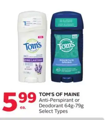 Rexall Tom's of maine anti-perspirant or deodorant 64g-79g offer