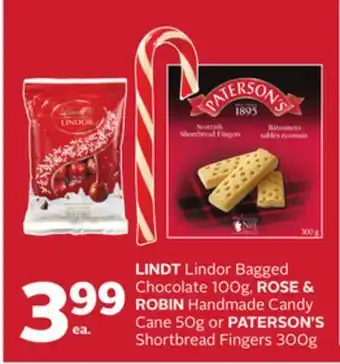 Rexall Lindt lindor bagged chocolate 100g, rose & robin handmade candy cane 50g or paterson's shortbread fingers 300g offer