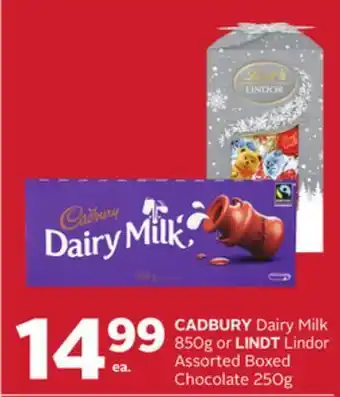 Rexall Cadbury dairy milk 850g or lindt lindor assorted boxed chocolate 250g offer