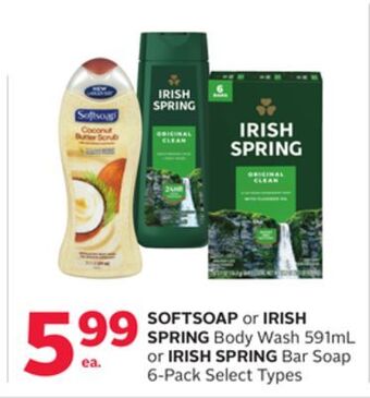 Rexall Softsoap or irish spring body wash 591ml or irish spring bar soap 6-pack offer
