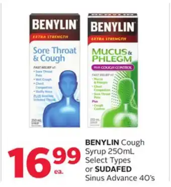 Rexall Benylin cough syrup 250ml select types or sudafed sinus advance 40's offer