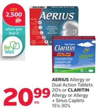 Rexall Aerius allergy or dual action tablets 20's or claritin allergy or allergy + sinus caplets 15's-30's offer