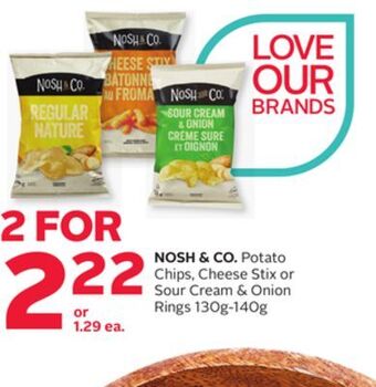 Rexall Nosh & co. potato chips, cheese stix or sour cream & onion rings 130g - 140g offer