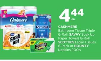Rexall Cashmere bathroom tissue triple 6-roll, savvy soak up paper towels 8-roll, scotties facial tissues 6-pack or bounty napkins 2 offer