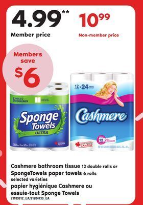 Independent Grocer Cashmere bathroom tissue, 12 double rolls or spongetowels paper towels, 6 rolls offer
