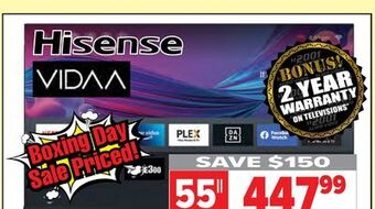 2001 Audio Video Hisense 55" 4k ultra hd vidaa tv offer