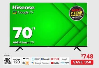 Visions Electronics Hisense 70" a68h smart tv offer