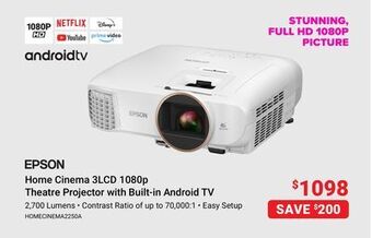 Visions Electronics Epson home cinema 3lcd 1080p theatre projector with built-in android tv offer