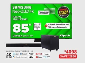 Visions Electronics Samsung native 120hz panel 85" qn90ba smart tv offer