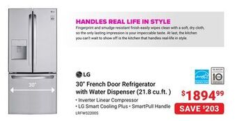 Visions Electronics Lg 30" french door refrigerator with water dispenser (21.8 cu.ft. ) offer