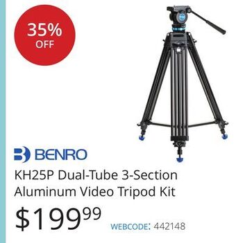 Vistek Benro kh25p dual-tube 3-section aluminum video tripod kit offer