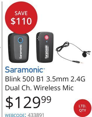 Vistek Saramonic® blink 500 b1 3.5mm 2.4g dual ch. wireless mic offer