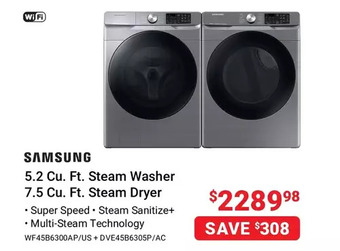Visions Electronics Samsung 5.2 cu. ft. steam washer and 7.5 cu. ft. steam dryer package offer
