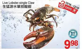 T&T Supermarket Live lobster-single claw offer