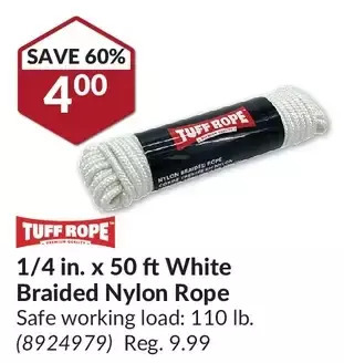 Princess Auto Tuff rope 1/4 in. x 50 ft white braided nylon rope offer
