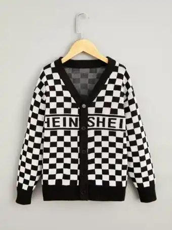 SheIn Boys letter & checker pattern drop shoulder cardigan offer