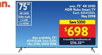 Walmart Onn 75" 4k uhd hdr roku smart tv offer