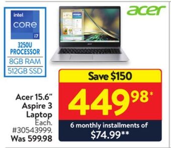 Walmart Acer 15.6" aspire 3 laptop offer