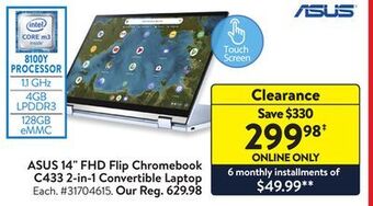 Walmart Asus 14" fhd flip chromebook c433 2-in-1 convertible laptop offer