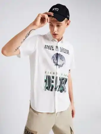 SheIn Shein men cartoon & slogan graphic button up shirt offer