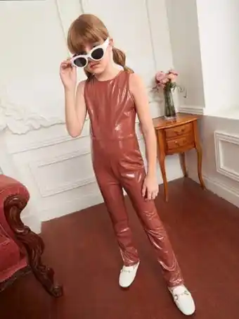SheIn Shein girls split hem pu leather jumpsuit offer