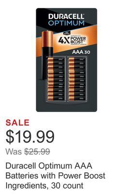 Costco Duracell optimum aaa batteries with power boost ingredients, 30 count offer