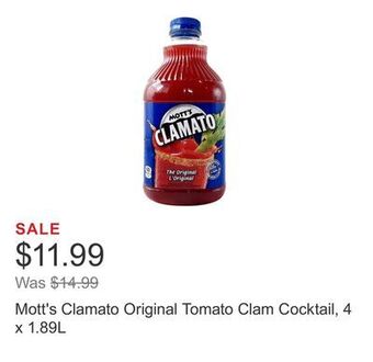 Costco Mott's clamato original tomato clam cocktail, 4 x 1.89l offer