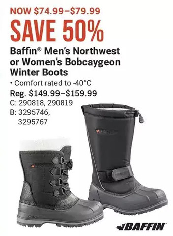 Cabela's Baffin men's northwest or women's bobcaygeon winter boots offer